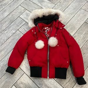 Moose Knuckles Red Debbie Bomber with Pom Poms see pics size small S/P